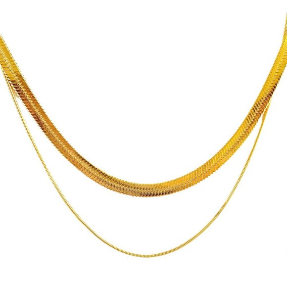 Double Herringbone Necklace, Two layered Necklaces, Gold Snake chain necklace - Picture 8 of 9